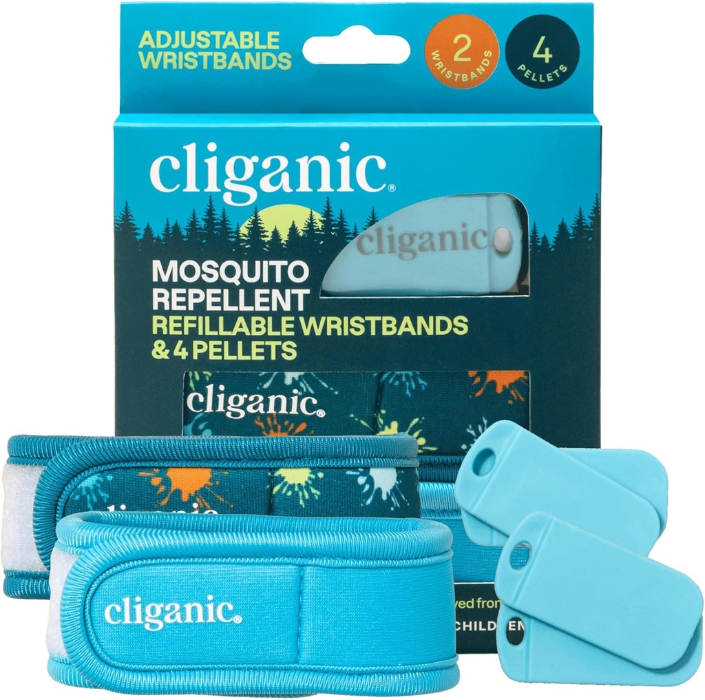 Cliganic Mosquito Repellent Pack (2 braccialetti + 4 pellet di ricarica) - Regolabile, naturale DEET-Free, olio essenziale infuso