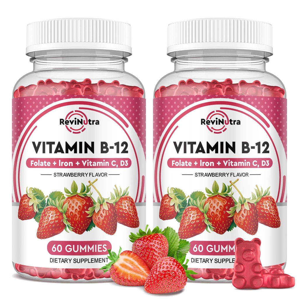 Vitamina B12 Complesso Gummies - 5000 mcg Methylcobalamin con ferro, vitamina C, D3 & Folate, Supporto energetico & Metabolismo, Immune, B-12 Chewable Supplement per uomini e donne, Fragola Flavor, 2 Pack