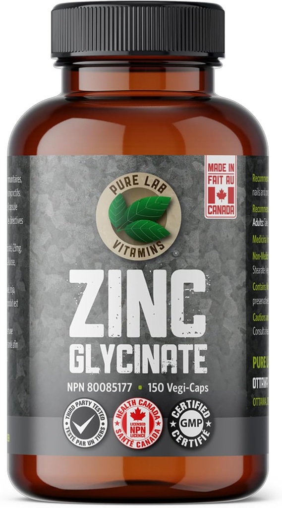 Zinc Glycinate 23 mg Supplemento - 150 Vegan Caps by Pure Lab Vitamins - Aminoacido Sale per pelli e chiodi sani - Supporta il sistema immunitario, prostata, visione - Made in Canada