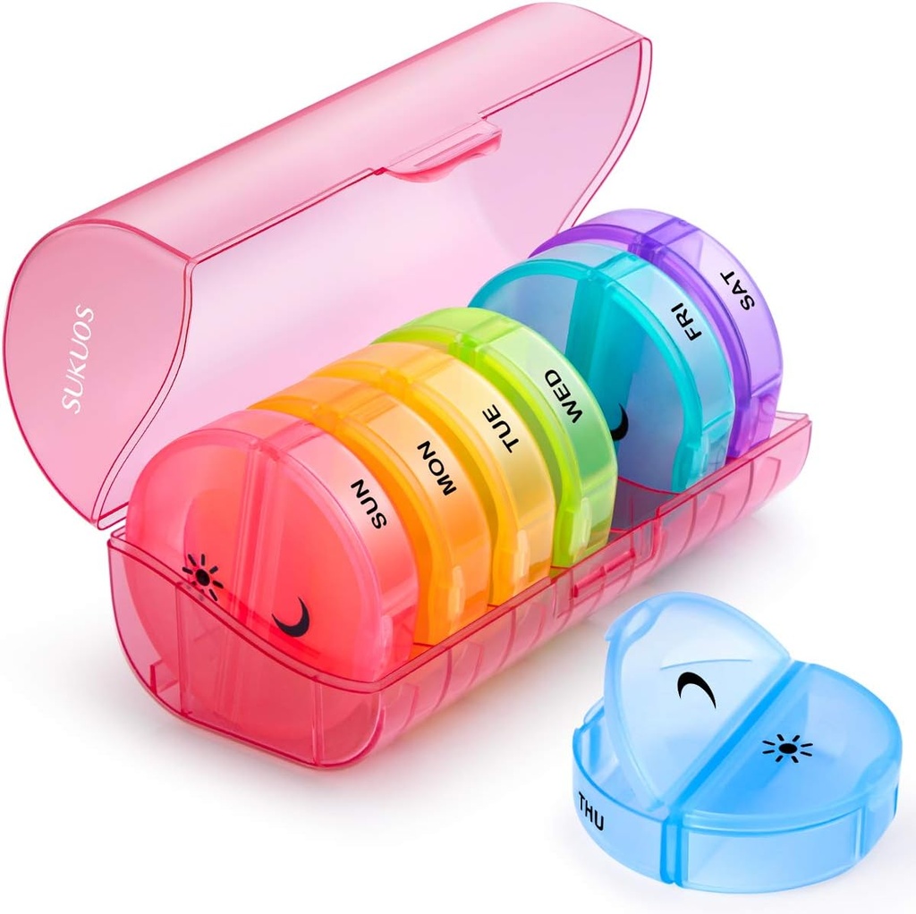 Sukuos Large Weekly Pill Organizer 2 volte al giorno, Daily Pill Box 7 giorni Facile da aprire con doppia protezione, AM PM Pill Case for Medicine/Vitamin/Fish Oil/Supplements (rosso)