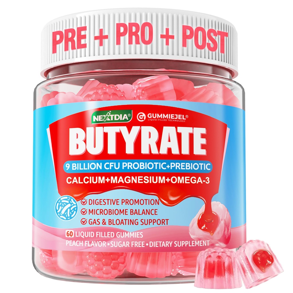 Butyrate Gummies con Probiotico + Prebiotico + Postbiotico, Omega-3 500mg,Fiber con 9 miliardi di CFU Probiotici, Calcio & Magnesio, Inulina,Psyllium Husk per la salute digestiva,Supporto per il gonfiore,Sgar Free
