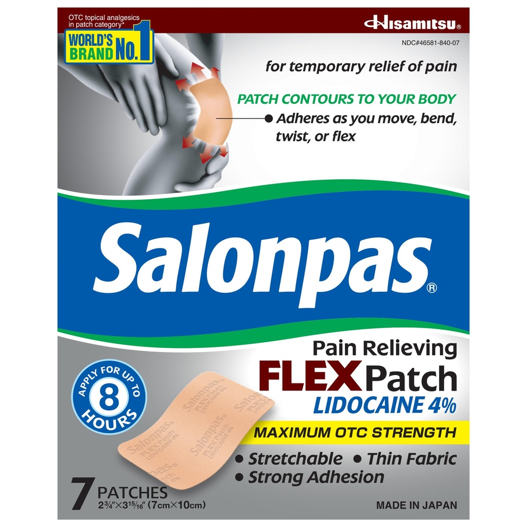 Salonpas massimo OTC resistenza lidocaina 4% dolore alleviare FLEX Patch, Applicare fino a 8 ore, non profumato, sottile, flessibile, leggero, patch rimane in posizione, 7 patch