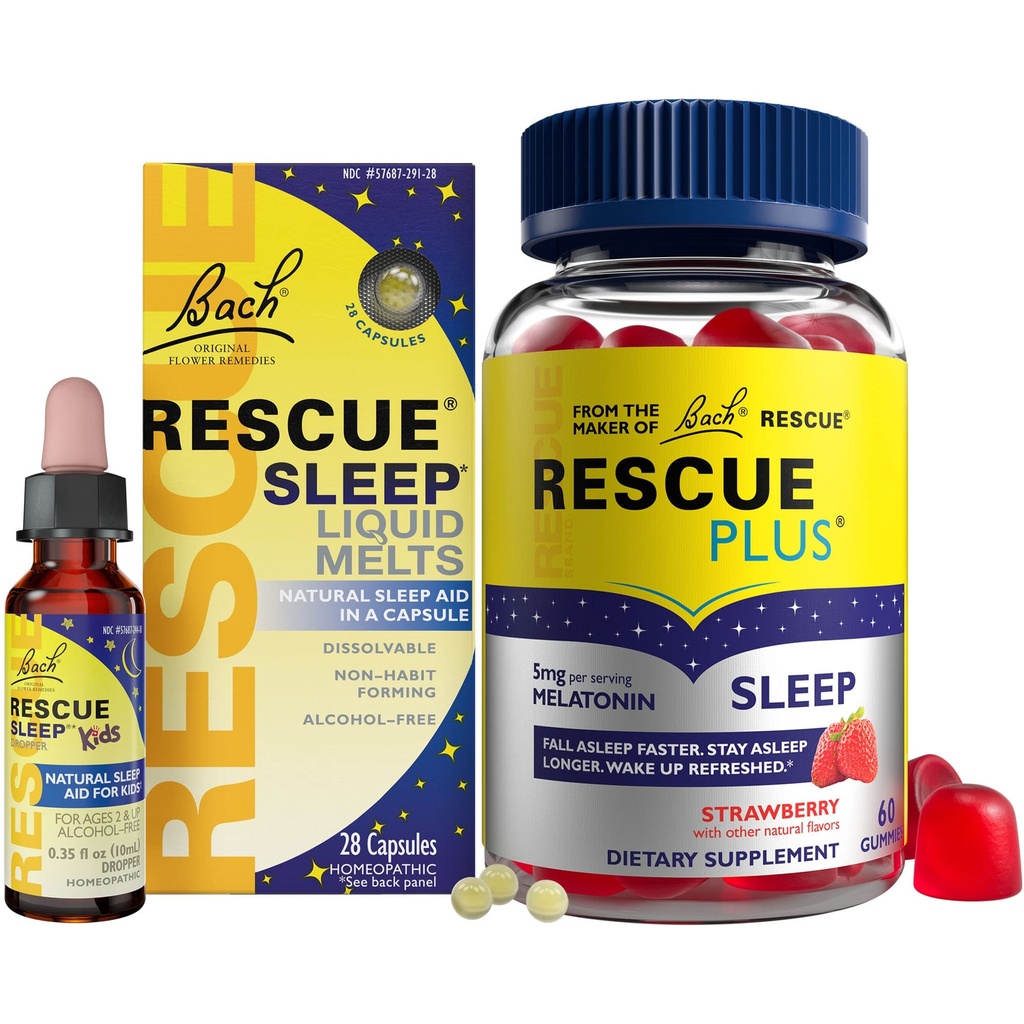 RESCUE Nighttime Sleep Aid Bundle, 3Pk - Bach Sleep Kids Dropper, 10mL Sleep Liquid Melts, 28Ct Plus Sleep Gummies con 5mg Melatonin/dose, 60Ct