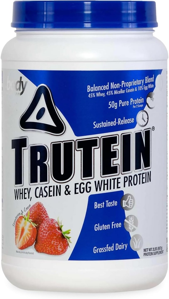 Polvere di proteina alta di Trutein di nutrizione del corpo: 45% Whey, 45% Casein, 10% bianco dell'uovo, senza glutine, basso sodio, polvere di proteine del siero di erba, supplemento di palestra & Shake di colazione, fragole e crema, 2lb