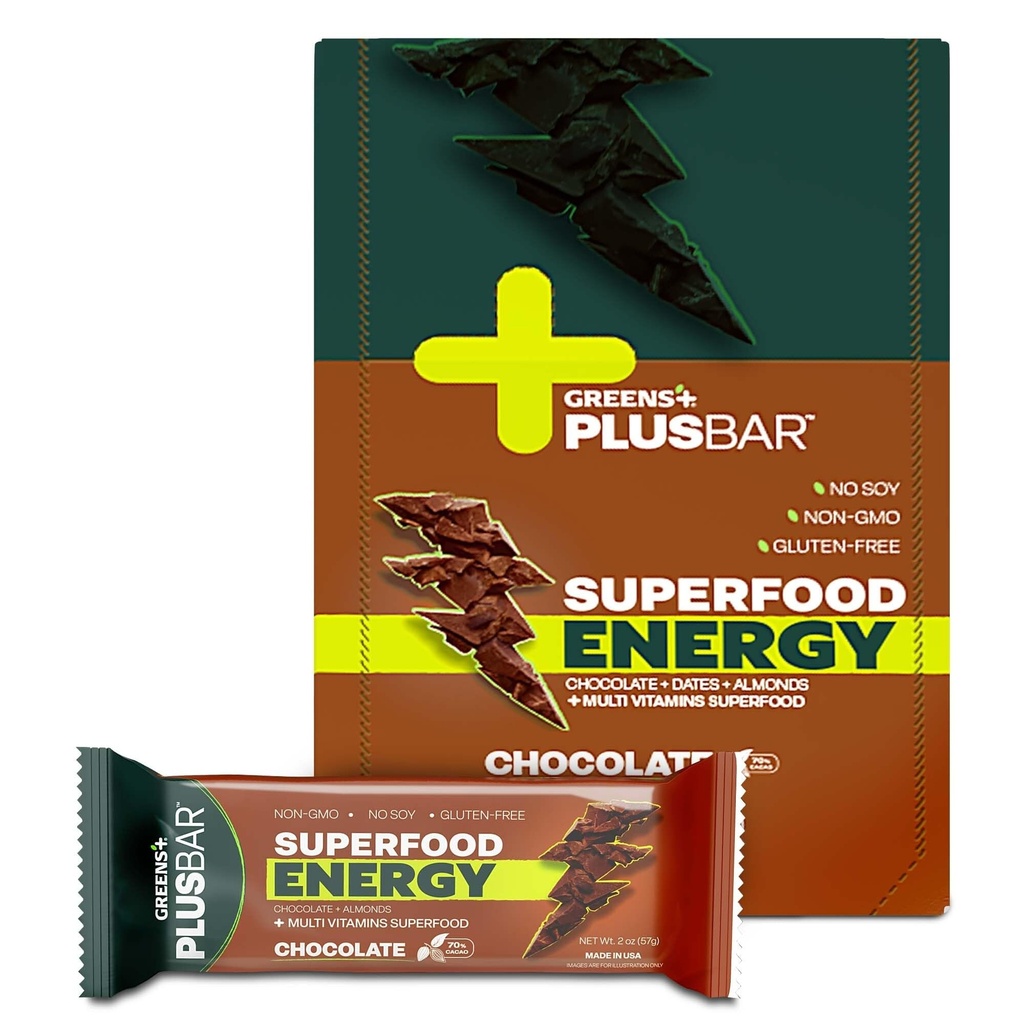 Greens+ Plusbar Energy Chocolate | Gluten Free Energy Bar | Organic Greens | Organic Dark Chocolate | Non GMO | 12 Bar