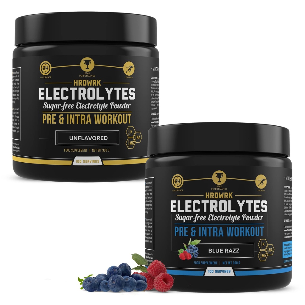 MMA Nutrition HRDWRK 100 Servings Keto Electrolytes Powder Hydration Sugar Free - Polvere elettrolita per aumentare la resistenza e ridurre la fame con Electrolytes Supplement - Unflavored & Blue Raspberry Set