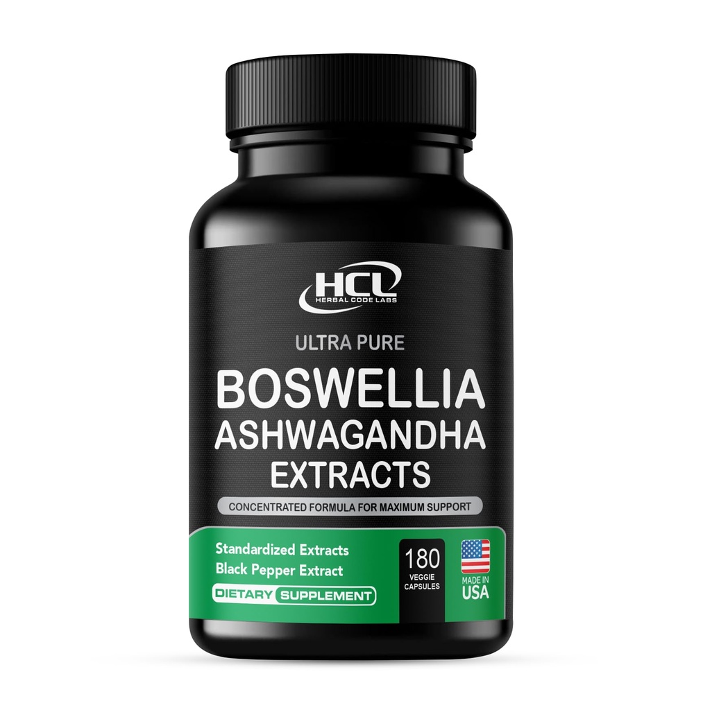 Estratto di Boswellia e Ashwagandha Capsule 2000 mg - Forti Pillole di Supporto Naturale Fornitura 3 mesi - Consentrated Boswellia Serrata 65% Acido Boswellico con Ashwagandha Polvere Supplemento