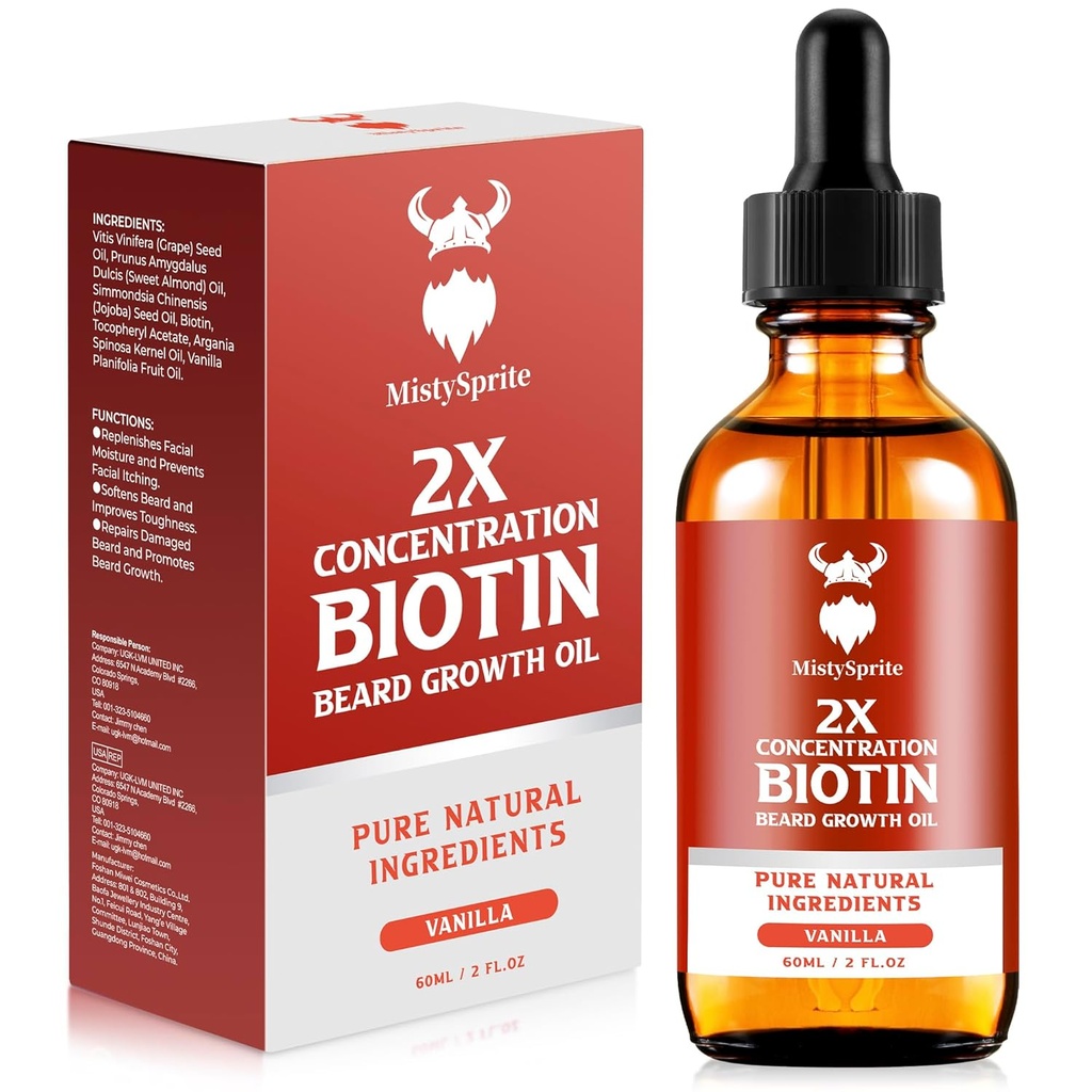 Olio di crescita del cuscinetto - 2X Concentrazione Biotina per gli uomini (2 oz) - Naturale con Argan, Jojoba e Vitamina, Addolcitore di crescita, Moisturizer (Vanilla)
