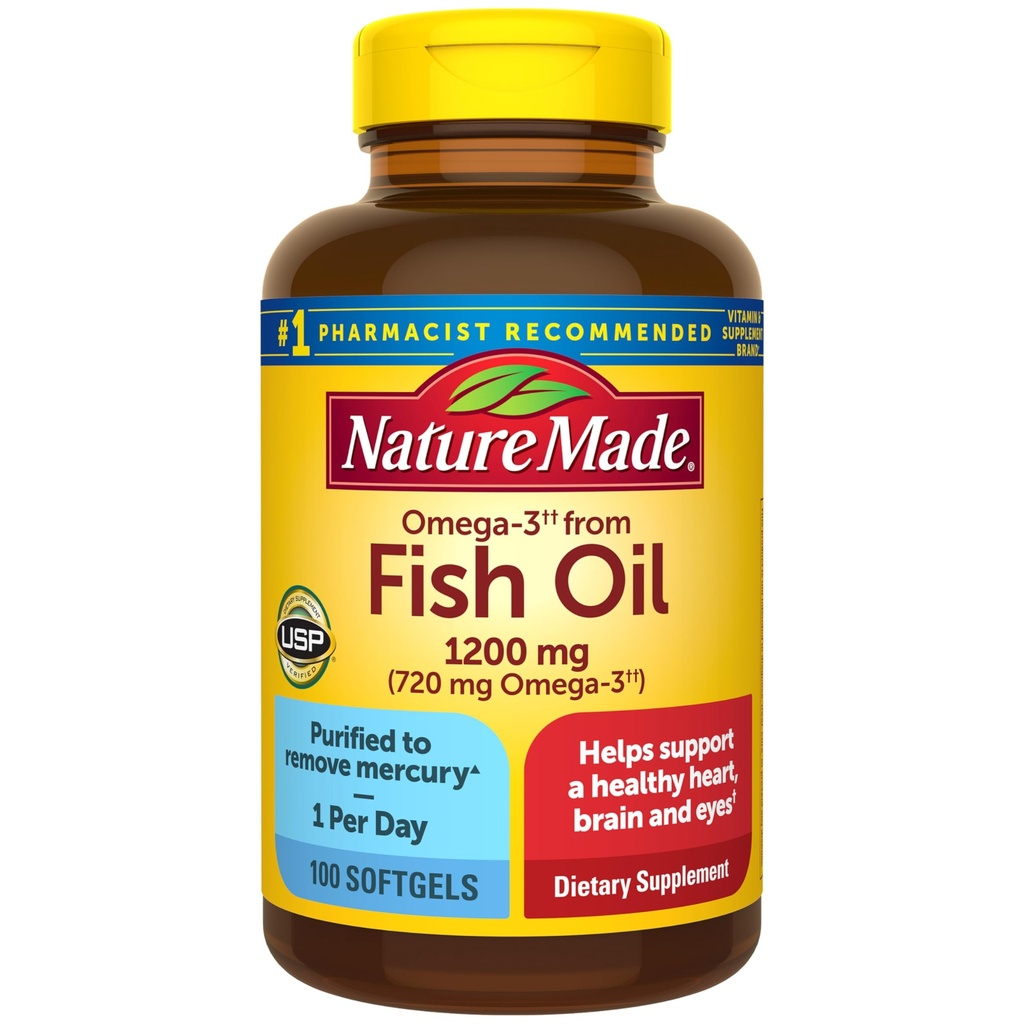 Nature Made Fish Oil Omega 3 Integratori, Omega 3 Fish Oil come Ethyl Esters 1200 mg Softgels, EPA DHA Supplemento per cuore sano, cervello, sostegno agli occhi, uno al giorno, 100 Softgels