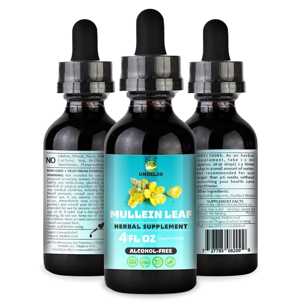 Estratto di foglie di mulla di erbe di Undelio - Tintura organica e senza alcool per il respiratorio, polmone, sonno e supporto digestivo - Non OGM, Vegan - 4 fl. Oz per la salute immunitaria &amp; Detox polmonare