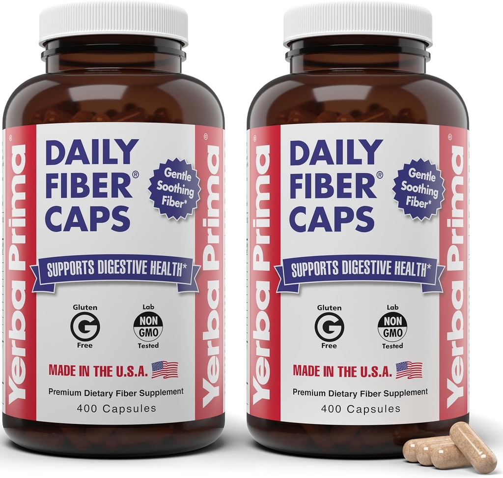 Yerba Prima Daily Fiber Caps Formula 400 Capsules (Pack of 2) - Sia Soluble/Insoluble Fiber con Psyllium Seed Husks, Acacia Gum, Apple Fiber Supplement