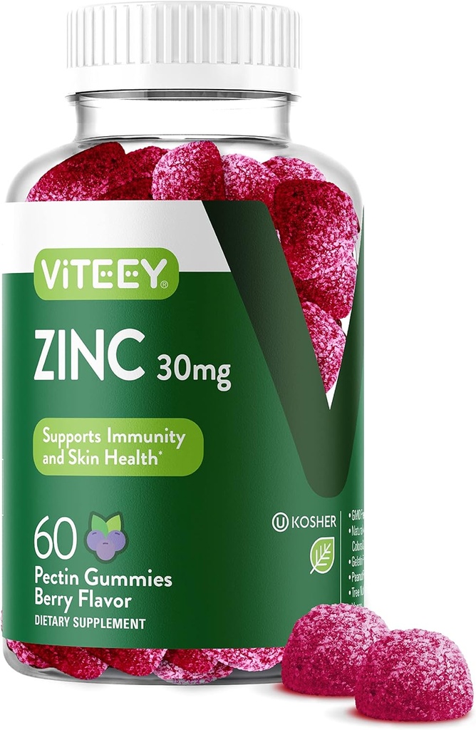 Viteey Zinc Gummies for Women and Men - Integratore di Supporto Immune - 30mg - Vegan, Gelatin Free, Non OGM - 60 Count