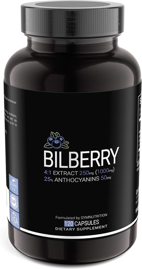 SYMNUTRITION Bilberry Extract 1000mg, 25% Anthocyanins 50mg - 120 Count (V-Capsules) / 120 Servings; Mirtillo europeo: Prodotto in una cGMP-Registered Facility in USA; Vegan & Gluten Free