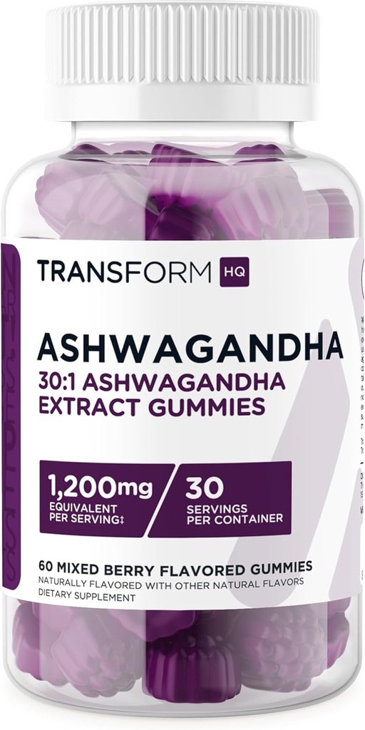 TransformHQ Ashwagandha Gummies 1.200mg, 60 Gummies (Mixed Berry Flavor) - Ashwagandha Herbal Extract Supplement - 30 Servings, Gluten Free, Non-OGM