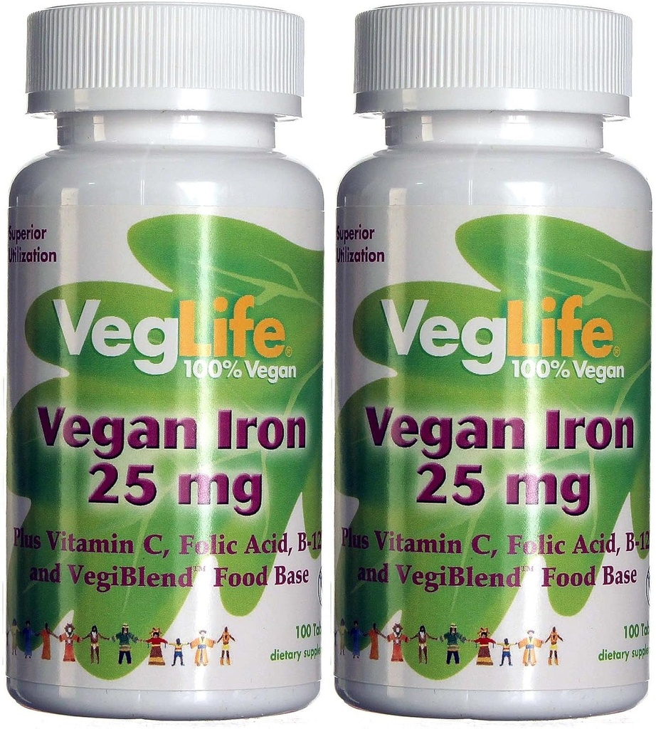VegLife Vegan Iron 25 mg | Plus Vitamina C, Acido Folico, B-12 e VegiBlend Food Base | Integratore di ferro basato sulle piante per le donne e gli uomini | 100 compresse | Confezione di 2
