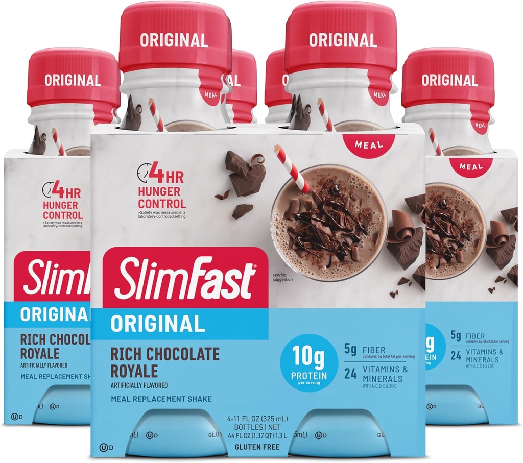 SlimFast Meal Sostituzione Shake, Original Rich Chocolate Royale, 10g di Pronti a Bere Proteine per Perdita di Peso, 11 Fl Oz Bottiglia, 4 conte (Pack of 3) (Packaging May Vary)