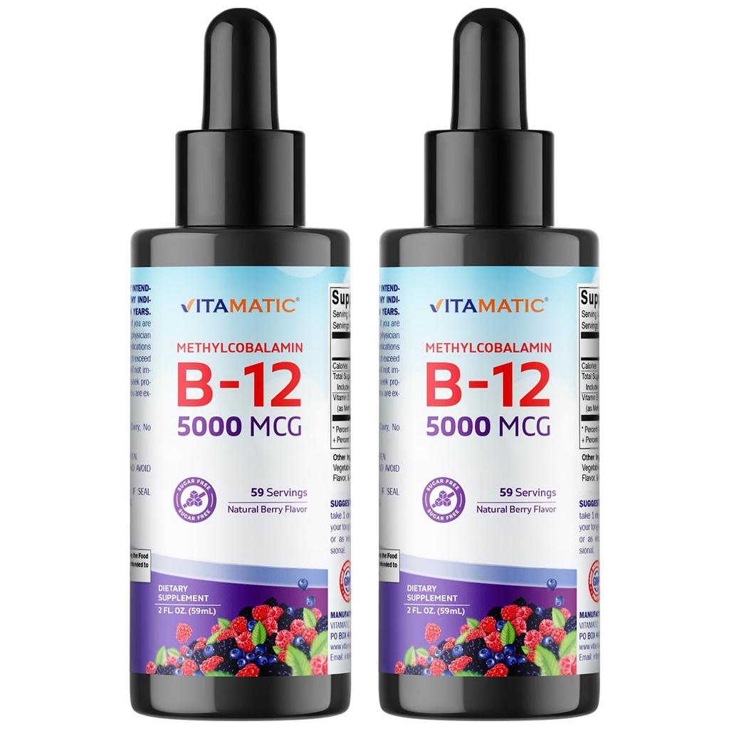 Vitamatic 2 confezioni di vitamina B12 5000 mcg (metilcobalamina) - Natural Berry Flavor - Supplemento sublinguale - Assorbimento più veloce - 2 OZ