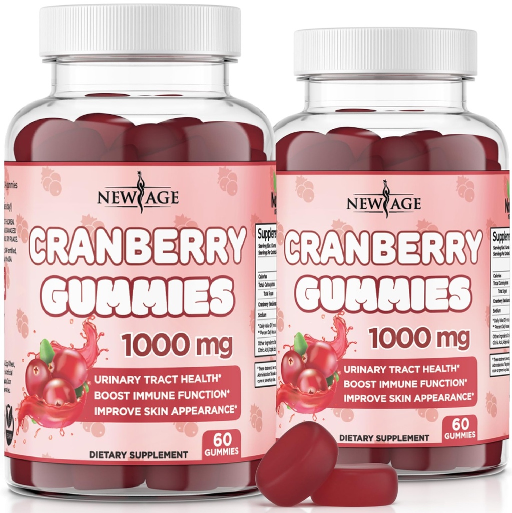 NEW AGE Cranberry Gummies Urinary Tract Health Gummies 1000mg - Supporta la vescica, Rene, UTI - Vegetariano (Contetto di mirtillo 120)