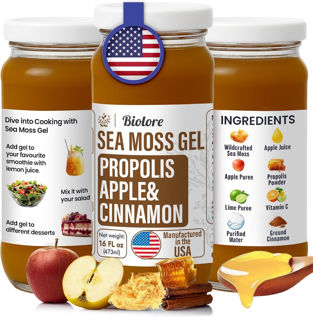 Biolore Wildcrafted Sea Moss Gel con Propolis - Apple & Cinnamon 16 oz - Gel di mare aromatizzato con vitamine essenziali & Trace Minerals - Vegan Superfood - Made in USA, Gluten-Free, Non Aggiunto Zucchero