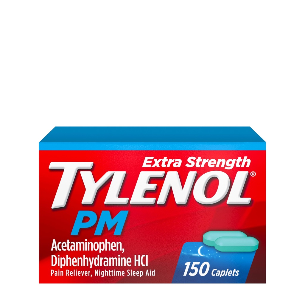 Tylenol PM Extra resistenza notte dolore & sonno Caplets, 500 mg Acetaminophen & 25 mg Diphenhydramine HCl, Rilievo per gli assi e i dolori di notte, Non-Habit Forming, 150 ct