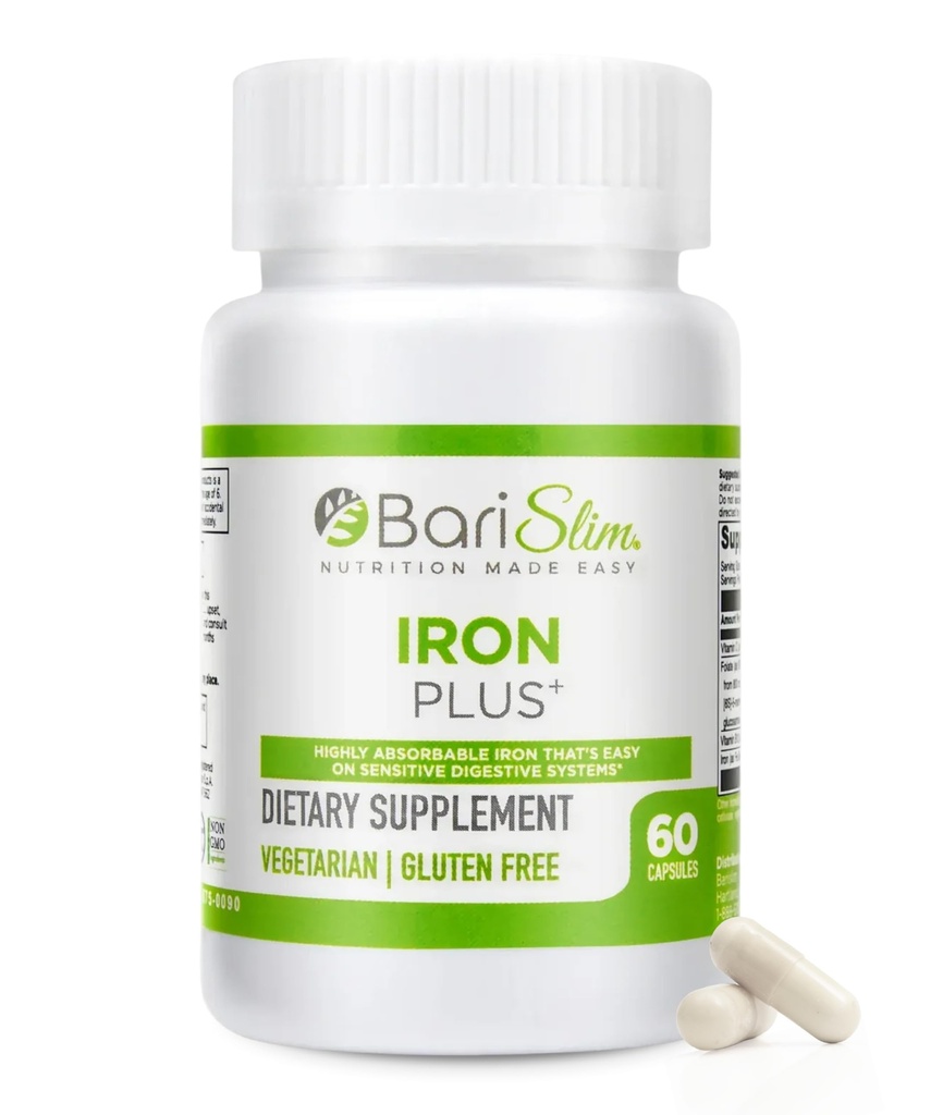 BariSlim Iron Plus Capsules - Formulato per i pazienti Dopo la perdita di peso Chirurgia Compreso Gastric Bypass & Gastric Maniche – Facile Digestione & Assistenza sanitaria Comprehensive | 2 Mesi di Alimentazione (60 Serve)