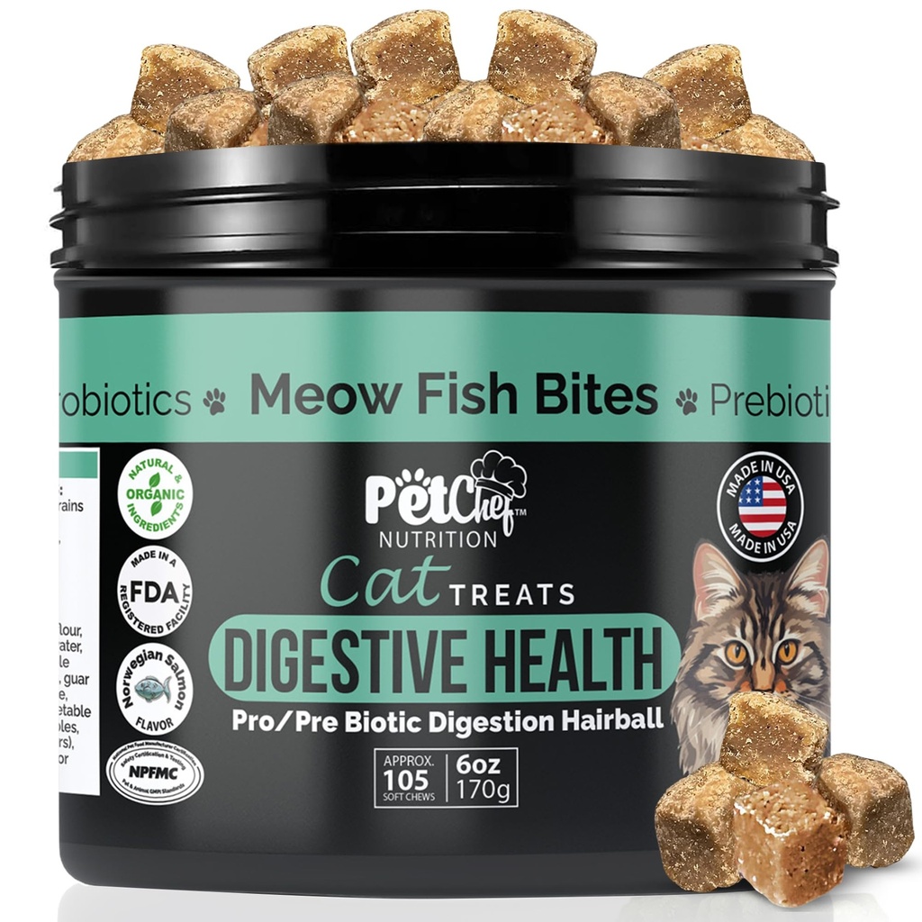 Pet Chef Meow Bites: Premium Pro & Prebiotic Digestion Cat Treats - Migliorare la digestione - Meglio tan Fortiflora Probiotici per i gatti - Stops Cat Vomiting All Ages