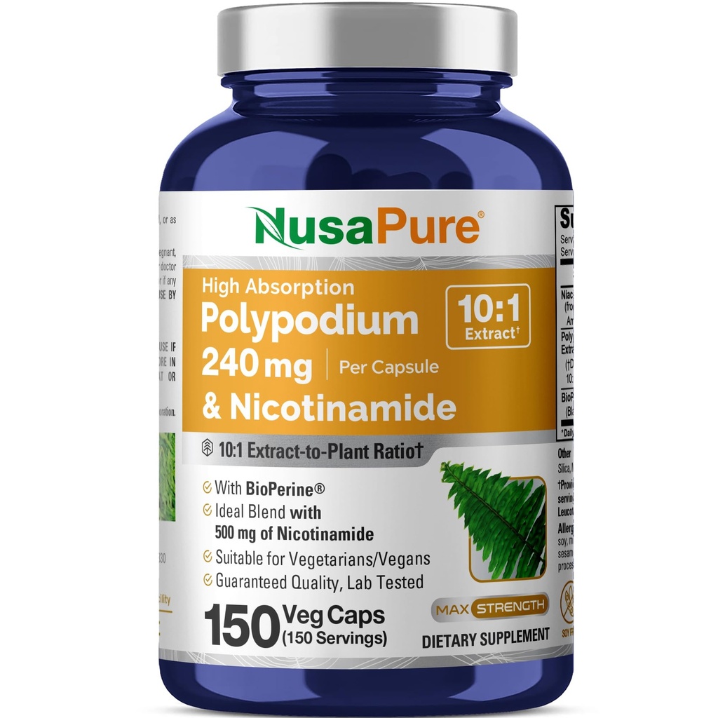 NusaPure Polypodium Nicotinamide 10:1 estratto, 240 mg Equivalente a 2.400 mg per Veg Caps - 150 conta (non OGM, Soyfree, Bioperine)
