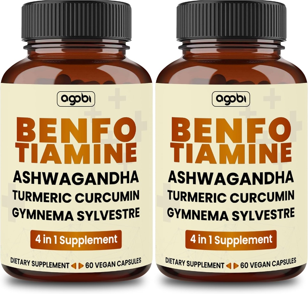 Benfotiamine 600mg Supplemento - 2 Mesi per Sistema Digestivo, Produzione Energetica & Immune - Radice Curcumina Turmerica Blended, Ashwagandha Root & Organic Gymnema Sylvestre - 2 Pacchetti di 60 Capsule
