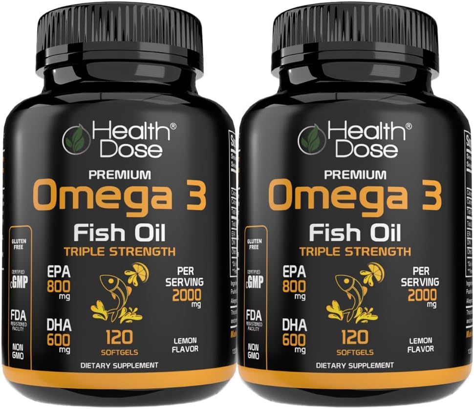 Health Dose Omega 3 Fish Oil – Softgels aromatizzati al limone con EPA & DHA per il cervello, il cuore e il supporto benessere – Easy-to-Digest, No Fish Burps – 120 Softgels, Confezione da 2