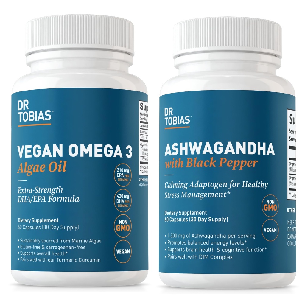 Dr. Tobias Vegan Omega 3 Algae olio e Ashwagandha Capsule, Supporta la Resilienza, Salute Immune, e Benessere generale, Non OGM, Vegan