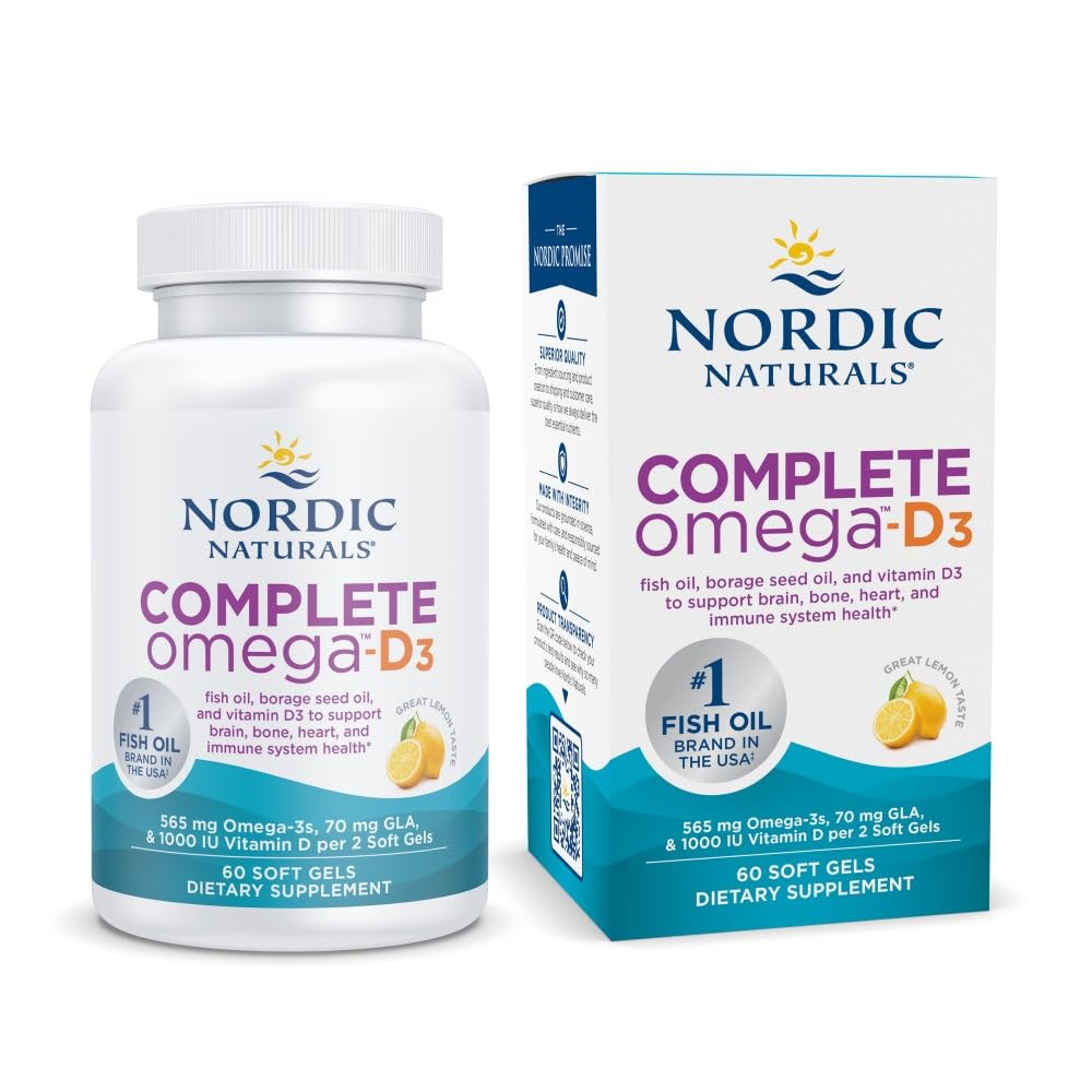 Nordic Naturals Complete Omega-D3, Limone Flavor - 60 Gel Morbidi - 565 mg Omega-3 + 70 mg GLA + 1000 IU Vitamin D3 - EPA & DHA - Sane Pelle, Cognizione, & Positive Mood - Non-GMO - 30 Serve