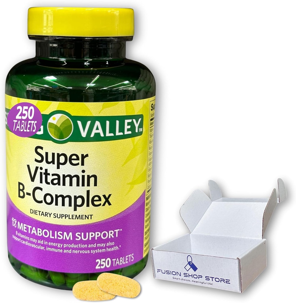 Super Vitamina B Complex Spring Valley- Compresse 250 Conte di miscela di B6 B12 C tiamina biotina folato acido pantotenico e riboflavina, Boxed by Fusion Shop Store