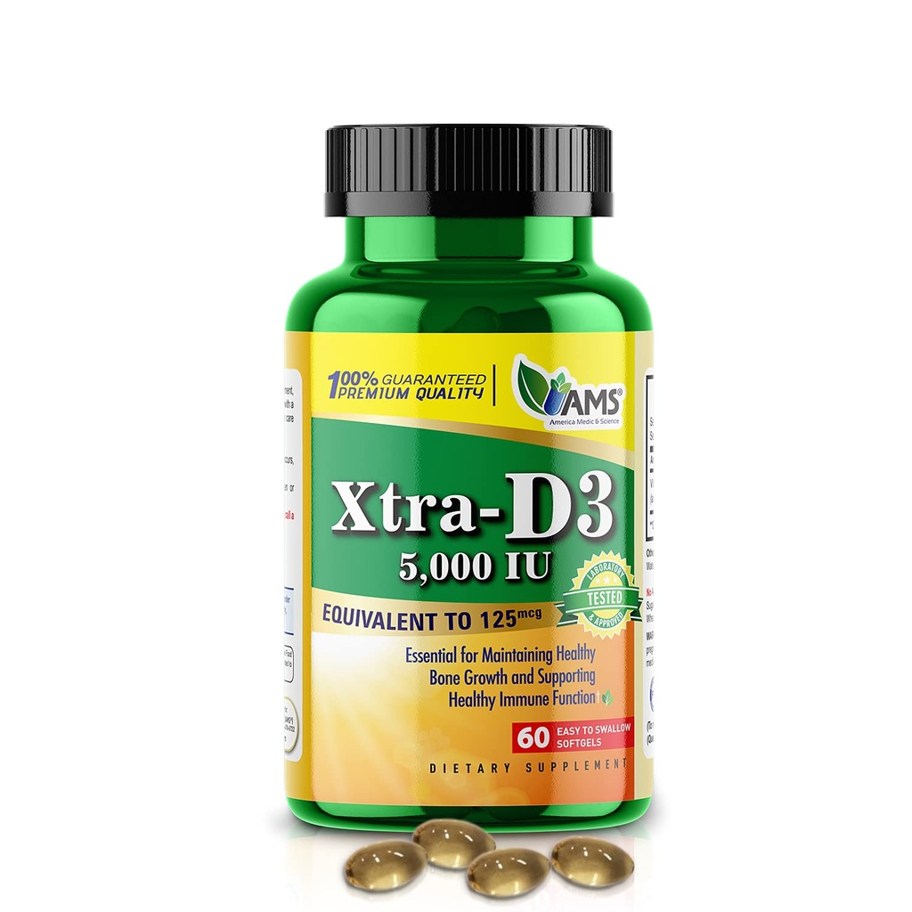 America Medic & Scienza Xtra D3 Vitamina D 5000 IU (125 mcg) Integratore di colecalifero per uomini e donne (60 Facile da ingoiare Softgels) Migliore per Bone, salute del cuore, supporto di sistema immunitario, funzione polmonare
