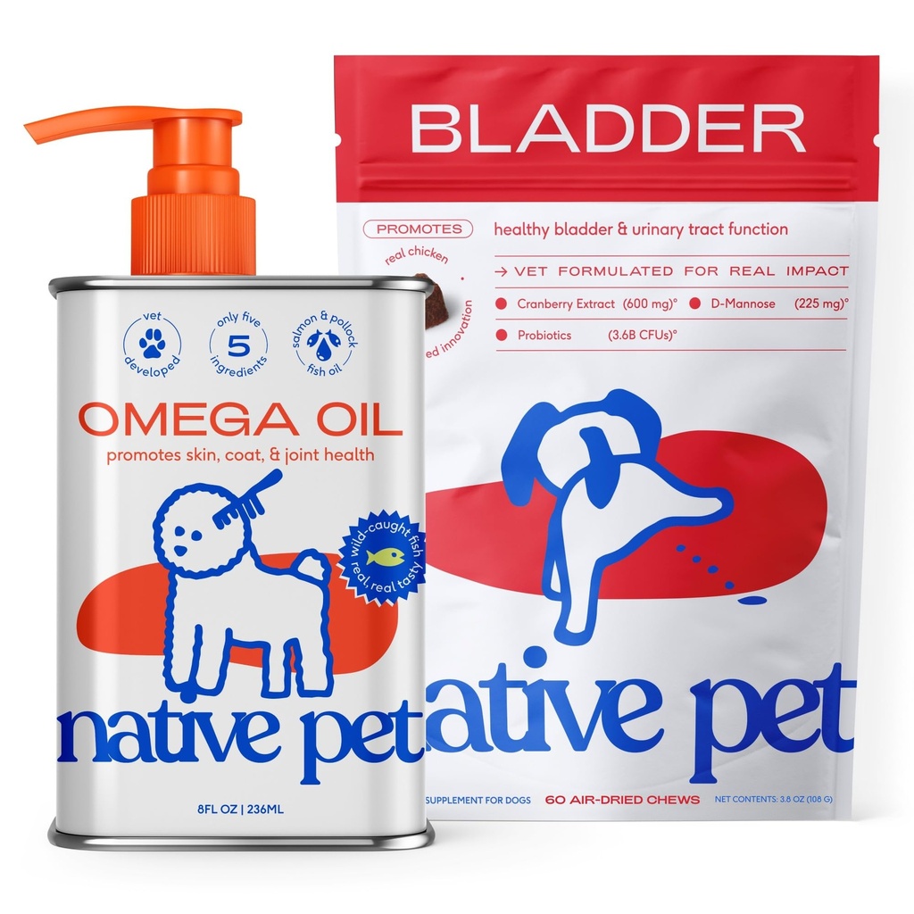 Trattamento del cane animale domestico UTI sopra il contatore e l'olio di pesce per cani per sostenere la pelle prurito + mobilità | 60 chews & 8 Oz