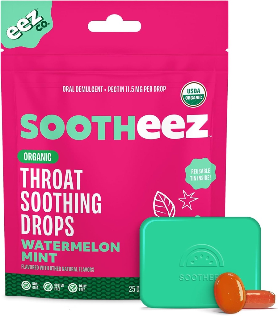 Sootheez Organic Throat Gocce per adulti, Watermelon Mint, 25 conte, ricaricabile, Great Tasting Drops that Sooth Sore Throats