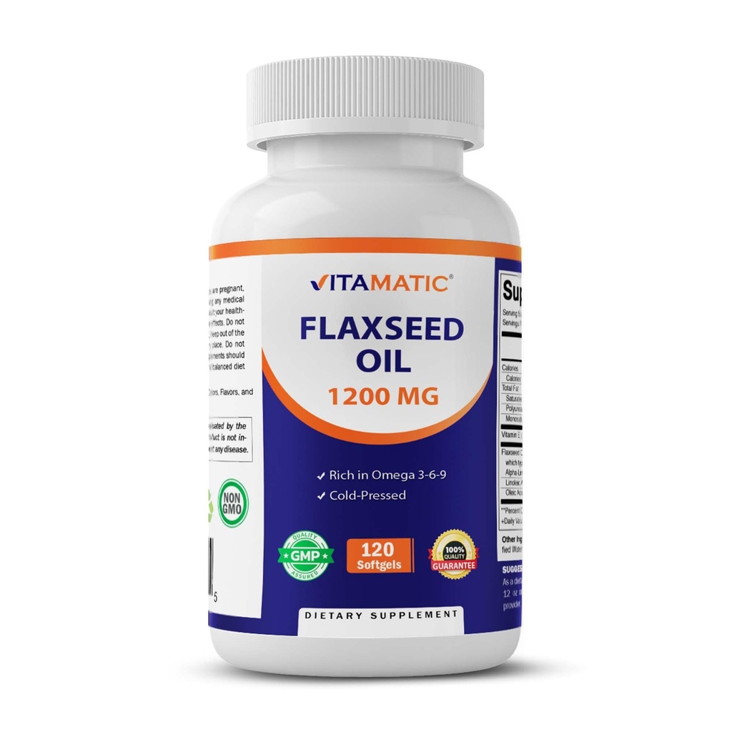 Vitamatic Flaxseed Oil 1200 mg – 120 Softgels Olio Flaxseed a freddo con 675 mg ALA Omega-3 – Supporta la salute del cuore &amp; benessere generale