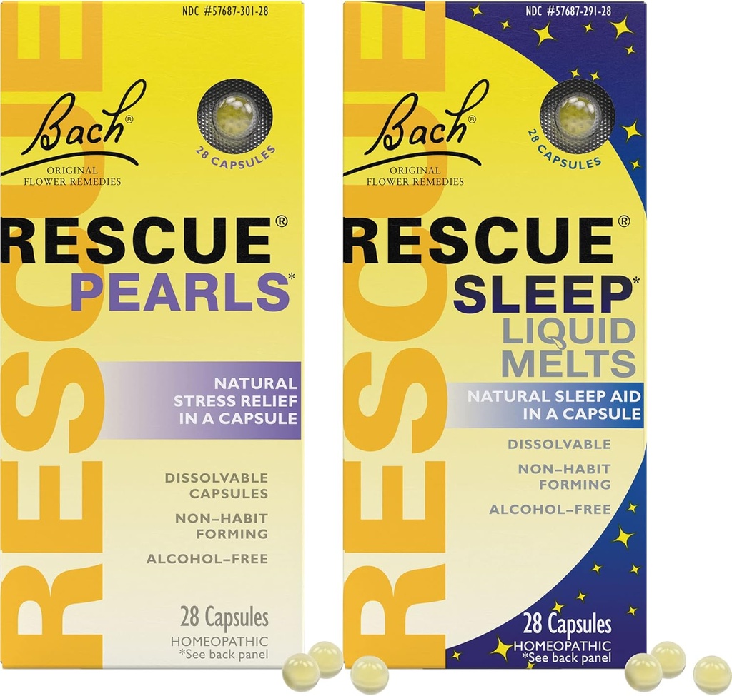 Stress & Sleep Bundle, Bach RESCUE Pearls, Natural Stress Relief [e] RESCUE Sleep Liquid Melts, Natural Sleep Aid - 2-Pk, Essence di fiori omeopatici