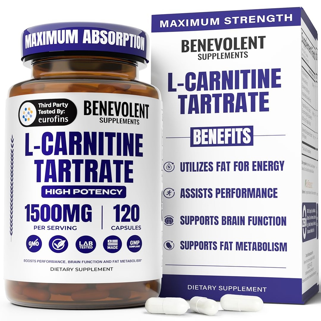Benevolent L Carnitina Supplemento - Alta potenza 1500mg L-Carnitina Tartrato - Assorbimento veloce, Converti grasso in energia, Supporta muscolare magra, Aumentare le prestazioni di allenamento & Metabolismo – 120 capsule vegane