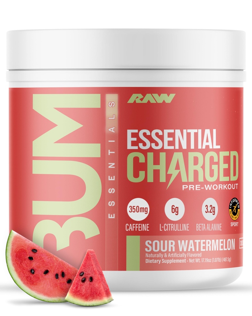 Polvere pre-allenamento RAW, Essential CHARGED (Sour Watermelon) - Supplemento pre-allenamento per uomini e donne - Supporta Focus, Mood & Performance - Caffeina, Alpha-GPC, L-Citrulline, Beta Alanine (25 Servings)