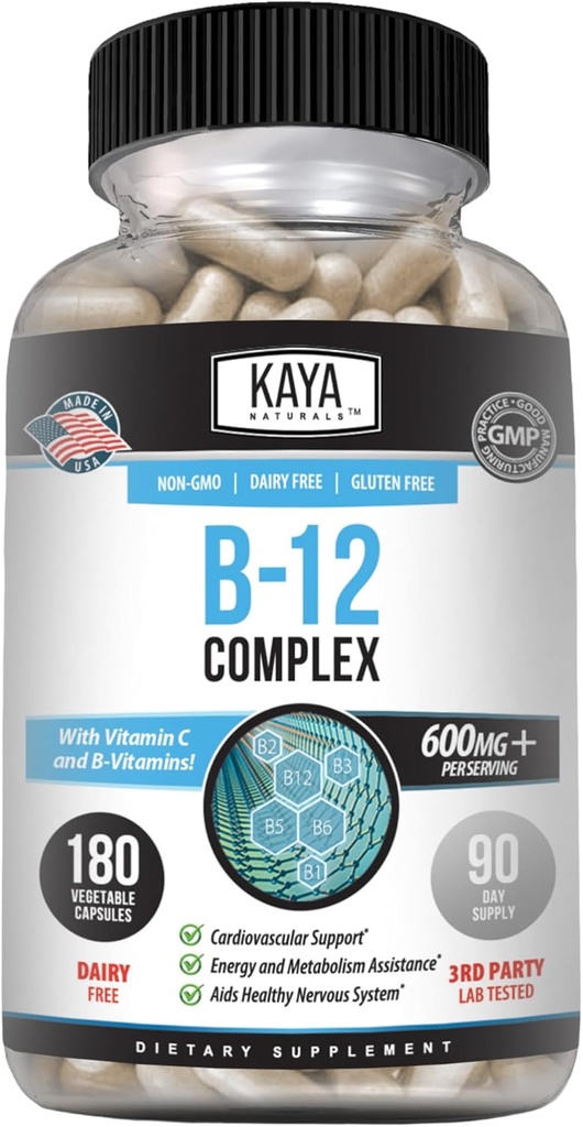 Kaya Naturals B-12 Complex | Integratore Multivitaminico per Donne & Uomini | Energia e Metabolismo Booster | Integratore vitaminico con Biotina, Cholina, Inositolo, Folate e Vitamina C – 180 Conte