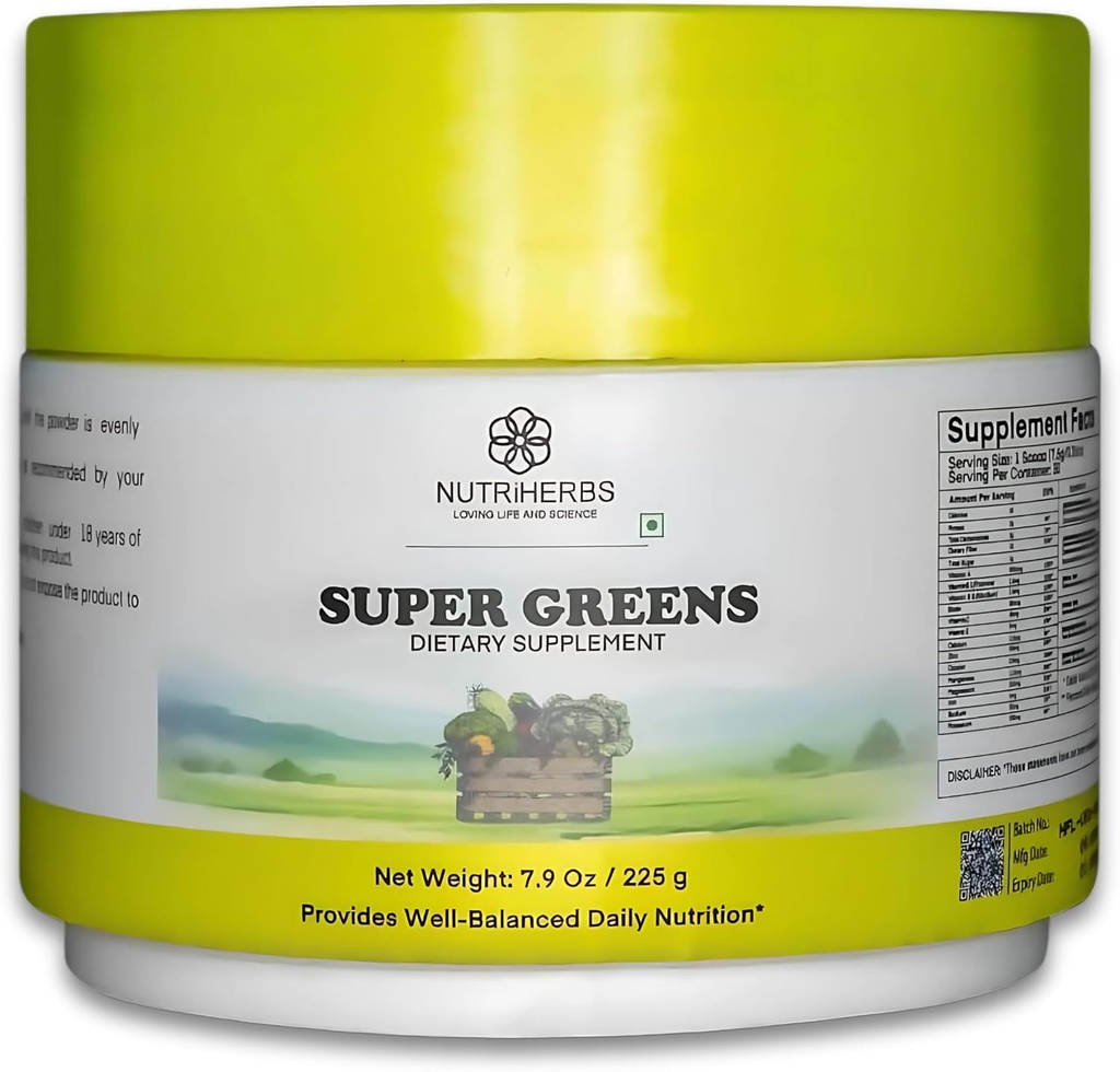 Nutriherbs Super Greens Powder - 225g | 33 Frutta Nutriente-Rich, Verdura e Probiotici per una maggiore energia, immunità e digestione | Potente polvere di Superfood Verde | 30 Delicious Servings