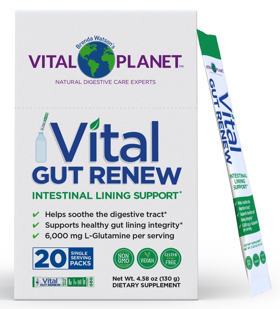 Vital Planet - Vital Gut Rinnova Polvere Supplemento per Leaky Gut Riparazione con L-Glutamina, Marshmallow e Ginger Root, DGL Radice di liquirizia e Organic Aloe Vera, L Glutamina 6000mg, 20 pacchetti di Serve Singola