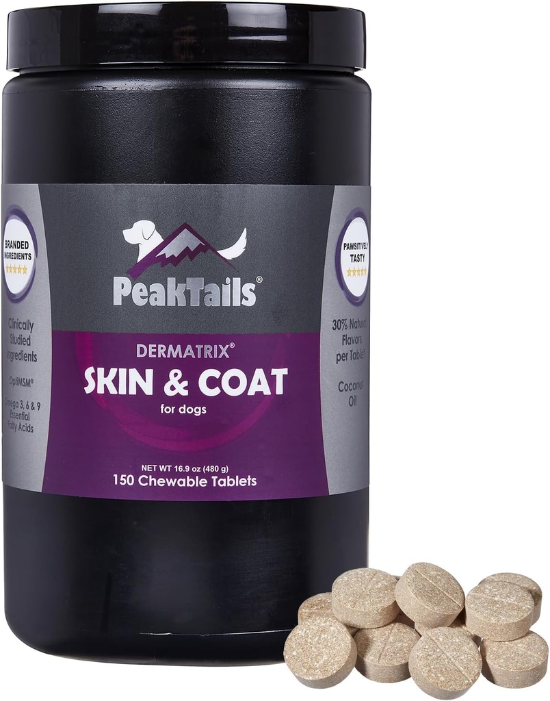 Kala Health PeakTails Skin & Coat Support for Dogs – 150 compresse masticabili con MSM, Fish Oil, Omega-3 & Omega-6 – Supporta la pelle sana, Shiny Coat
