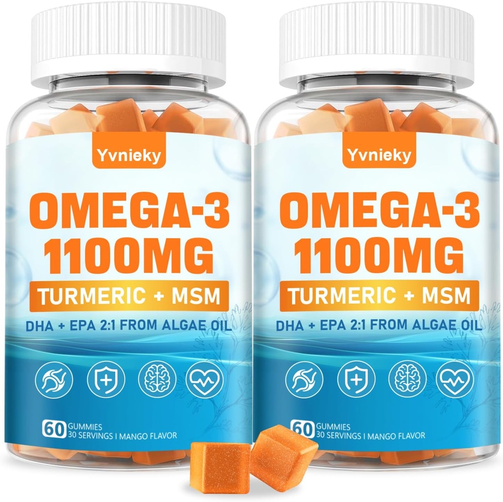 Vegan Omega 3 Supplementi Gummies 1100m per adulti - DHA 680mg & EPA 340mg con curcuma, MSM, vitamina C, E, D3, Zinc - Algae Fish Oil Alternative