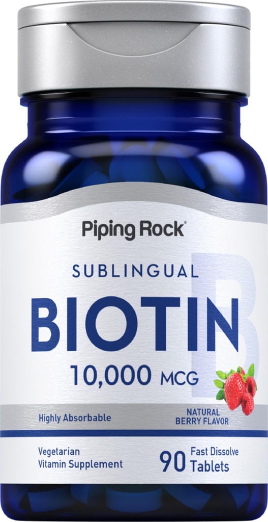 Piping Rock Biotin 10000mcg Tavole dissolve veloci | 90 Count | Pillole sublinguali di sapore di bacche | Max Strength and High Absorption | Vegetariano, Non OGM, Gluten Free Supplement