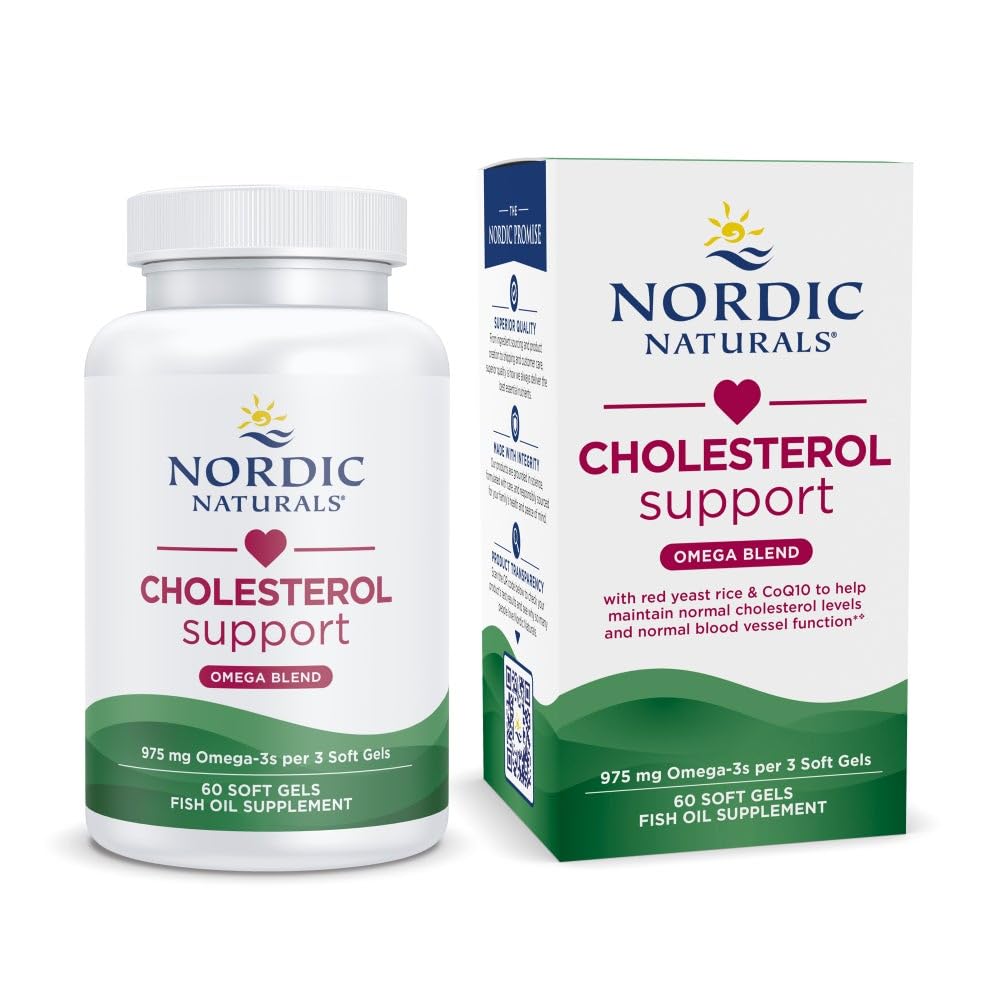 Nordic Naturals Cholesterol Support, Limone - 60 Gel Morbidi - 975 Omega-3 + Riso Lieto Rosso & CoQ10 - Colesterolo Normale, Supporto Antiossidante - EPA & DHA - Non OGM - 20 Serve