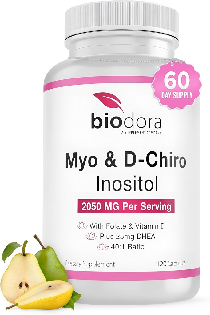 Myo& D-Chiro Inositol Supplemento, con Folate e Vitamina D, da 40 a 1 Ratio, Include DHEA, Aiuta nell'equilibrio ormonale, Funzione ovarica, 2050mg per Serving, 120 Capsule