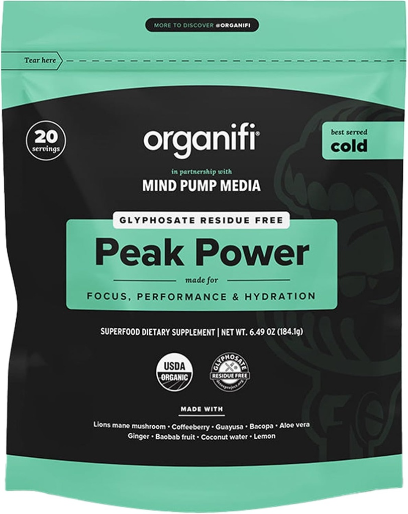 Organifi Peak Power, Pre Workout Powder per supportare l'idratazione, con Lion's Mane e Guayusa