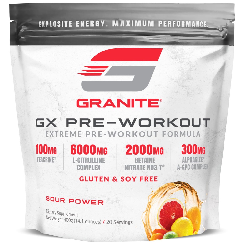 Granite GX Pre Workout Supplement, Sour Power Flavor, Supporta Focus, Energy, & Performance con Teacrine, L-Citrulline, Betaine, & A-GPC (20 Serve)