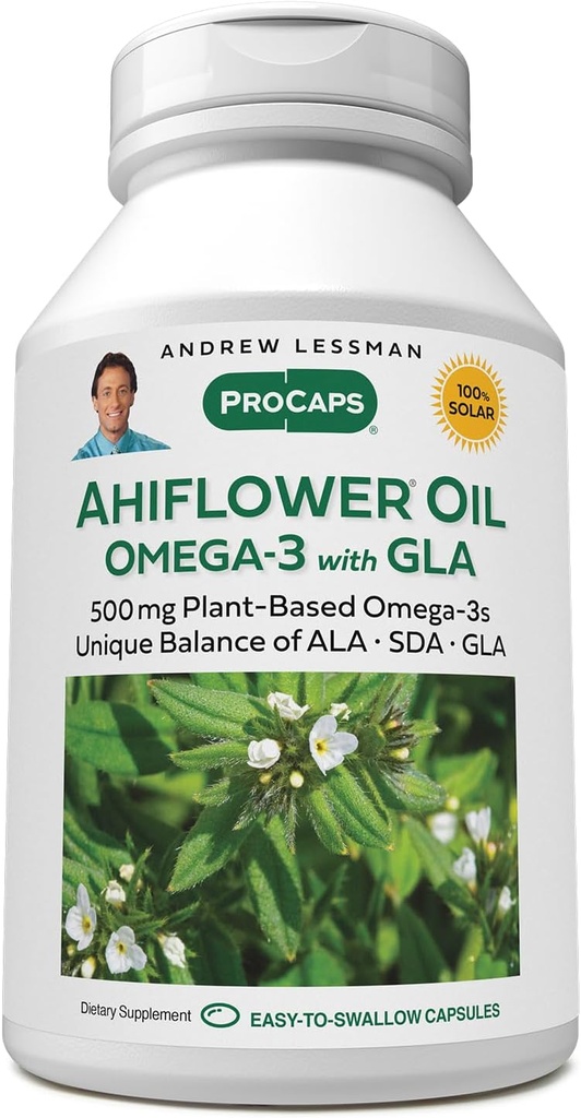 ANDREW LESSMAN Ahiflower Omega-3 con GLA - 120 Softgels - Uniquely Balanced, Plant-Based Fonte di acidi grassi essenziali Omega-3. No Stomach Upset, Contaminanti o Mercurio. Facile da ingoiare